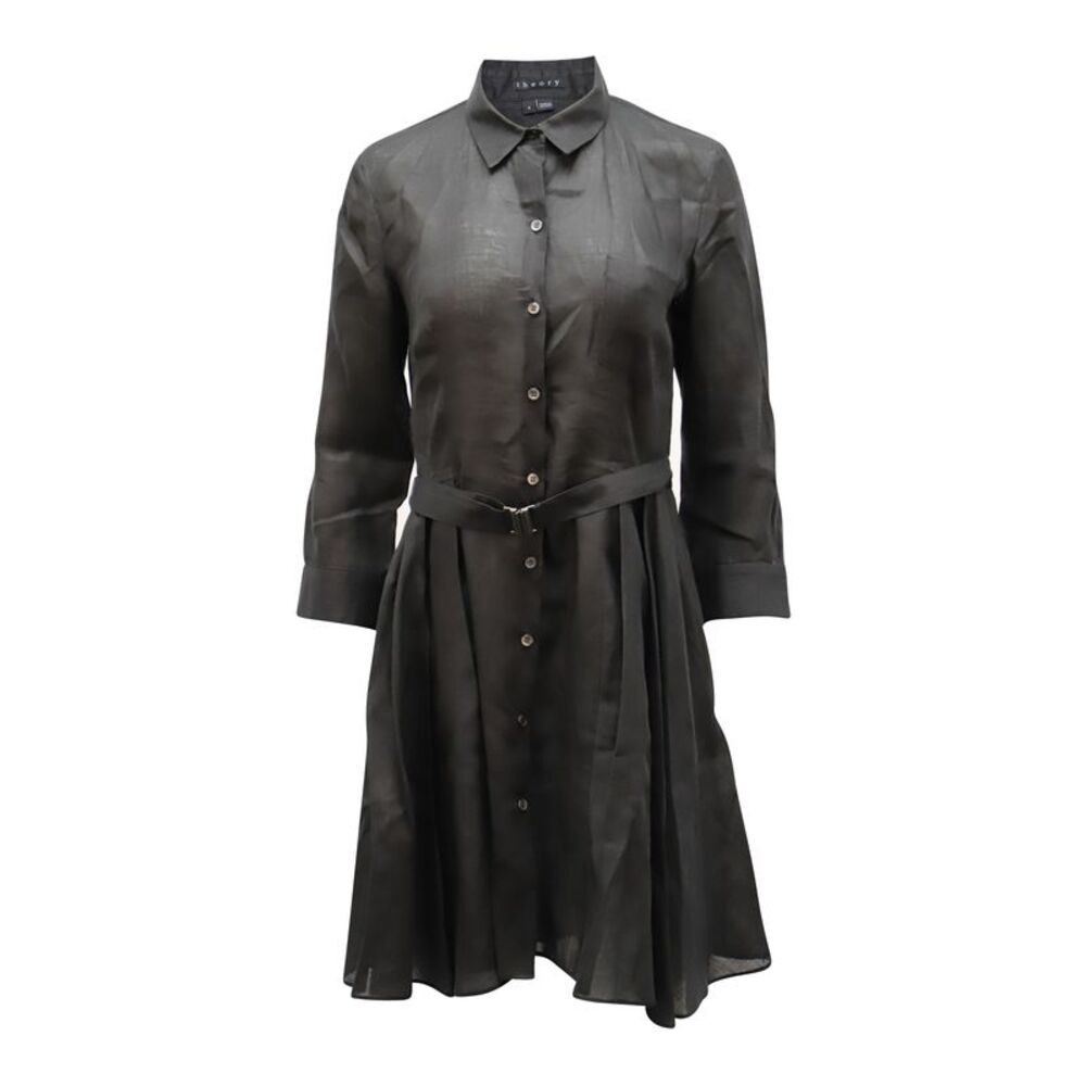 Theory Belted Shirt Dress in Black Linen